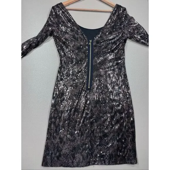 Guess Sequin Off Shoulder Bodycon Sheer Sleeve Dress - Picture 9 of 12